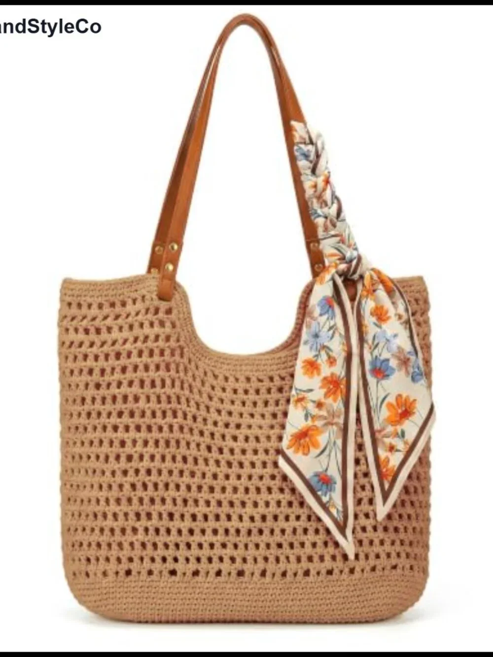 Crochet Beach Tote Bag Woven Straw Style Cotton Blend Faux Leather